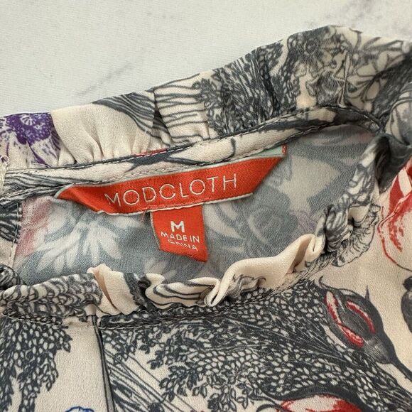 Modcloth Retro High Neck Blouse Top Size M Gray Red Floral Cap Sleeve Ruffle - Picture 5 of 10